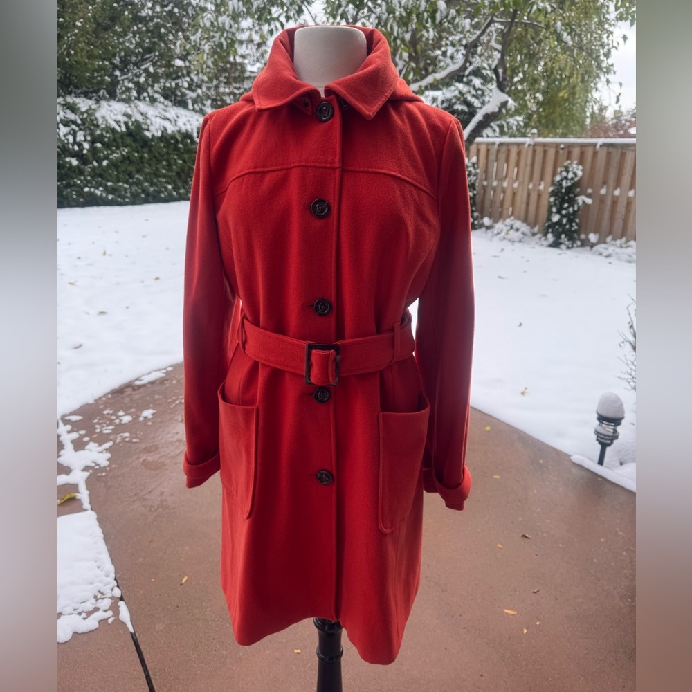 Banana Republic Orange Wool Blend Belted Coat Removable Hood L - Picture 2 of 13